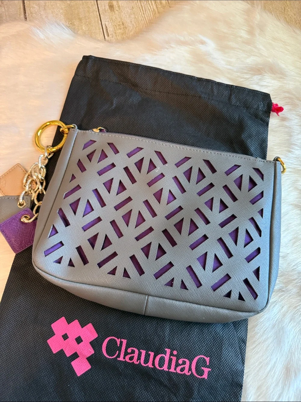 Claudia G Gray & Purple Cutout Leather Wristlet Pouch & Key Tag